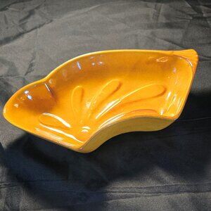 Vintage MCM USA POTTERY Cresent Shaped Serving Dish w/ Ochre Mustard Glaze